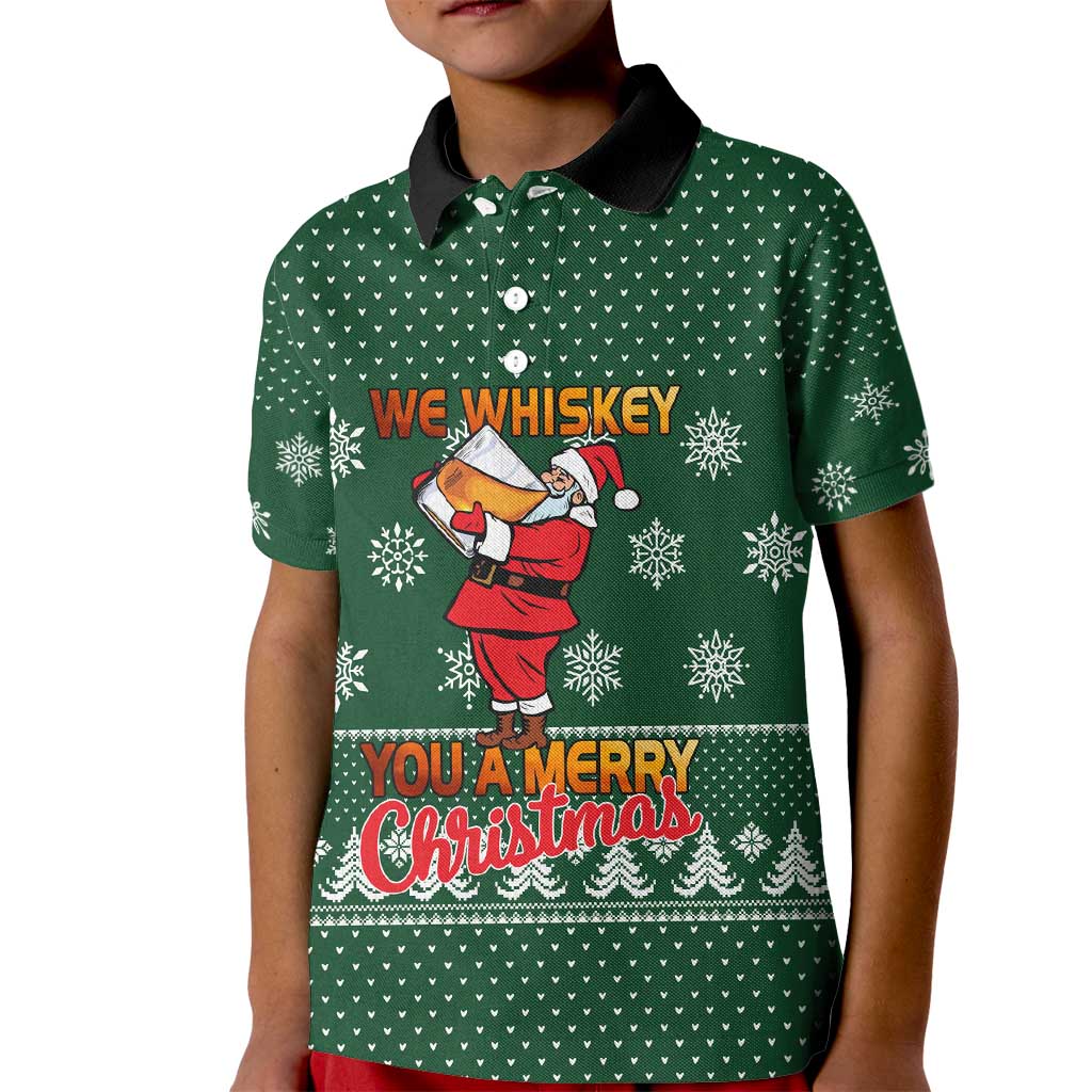 Funny Whiskey Christmas Kid Polo Shirt with Santa Holding Mug and We Whiskey You a Merry Christmas Quote - Wonder Print Shop
