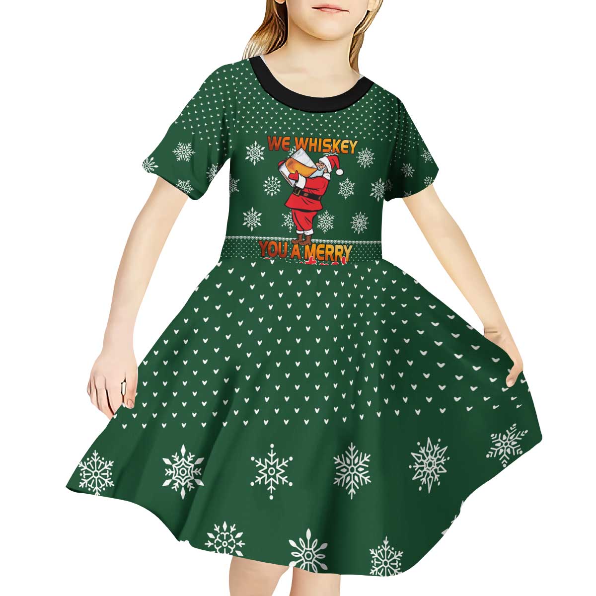 Funny Whiskey Christmas Kid Short Sleeve Dress with Santa Holding Mug and We Whiskey You a Merry Christmas Quote - Wonder Print Shop