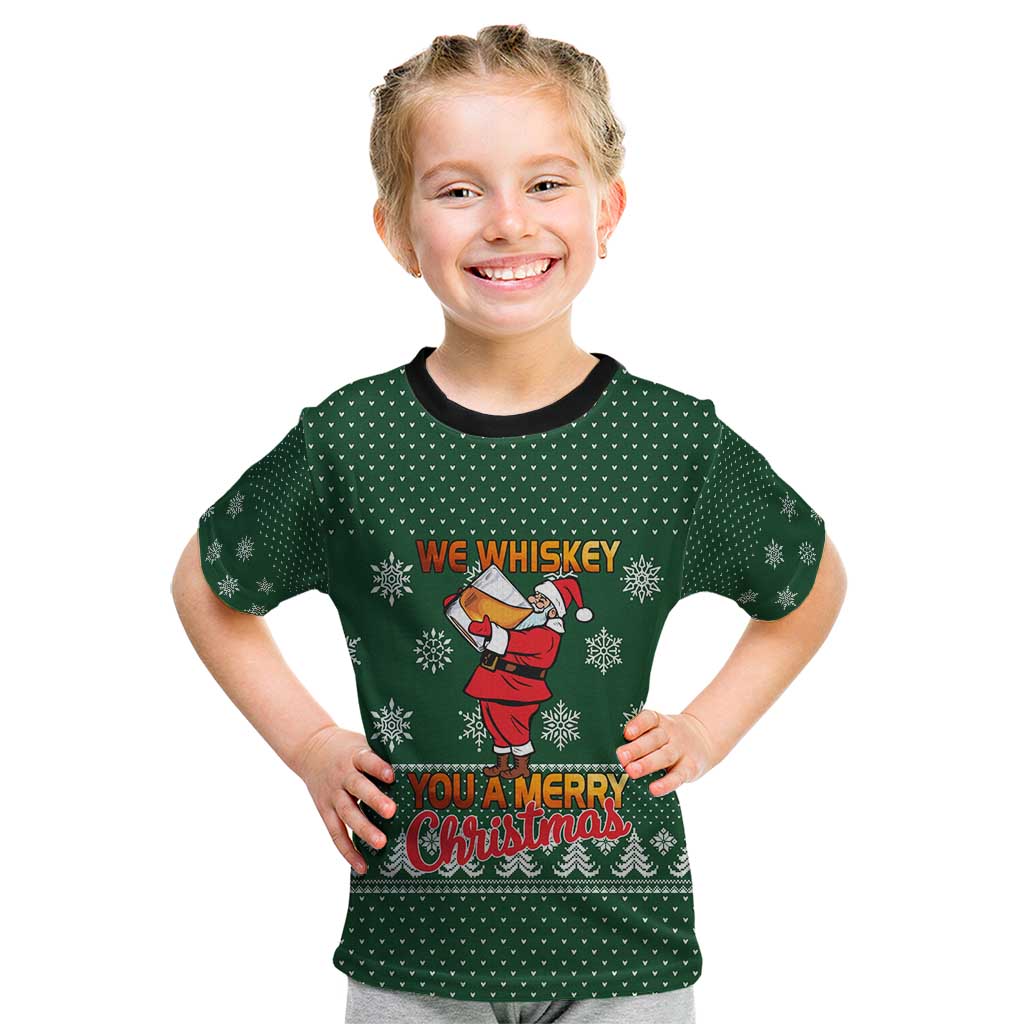 Funny Whiskey Christmas Kid T Shirt with Santa Holding Mug and We Whiskey You a Merry Christmas Quote - Wonder Print Shop