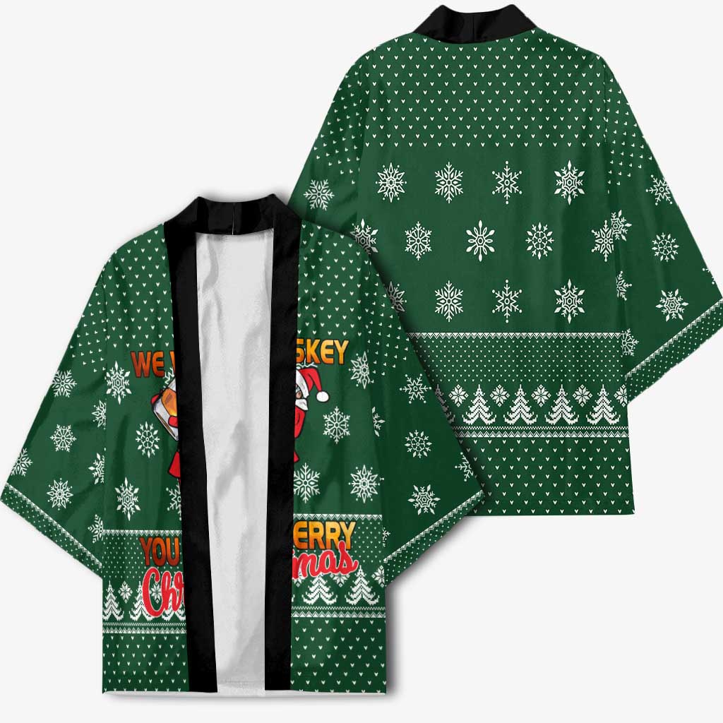 Funny Whiskey Christmas Kimono with Santa Holding Mug and We Whiskey You a Merry Christmas Quote - Wonder Print Shop