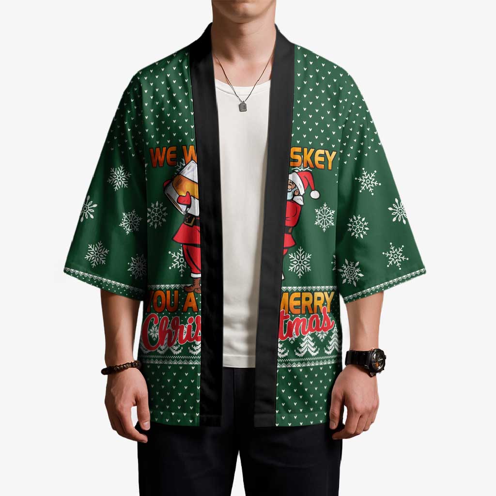 Funny Whiskey Christmas Kimono with Santa Holding Mug and We Whiskey You a Merry Christmas Quote - Wonder Print Shop