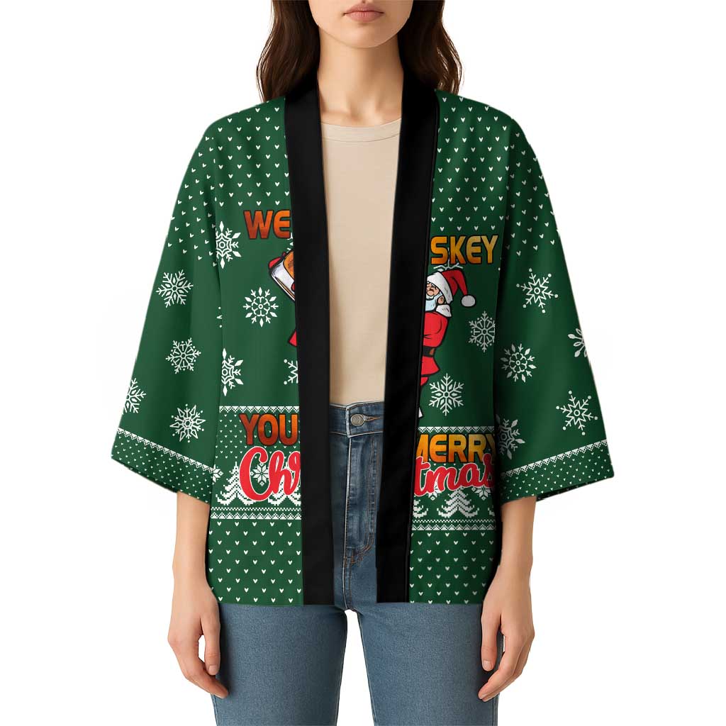 Funny Whiskey Christmas Kimono with Santa Holding Mug and We Whiskey You a Merry Christmas Quote - Wonder Print Shop