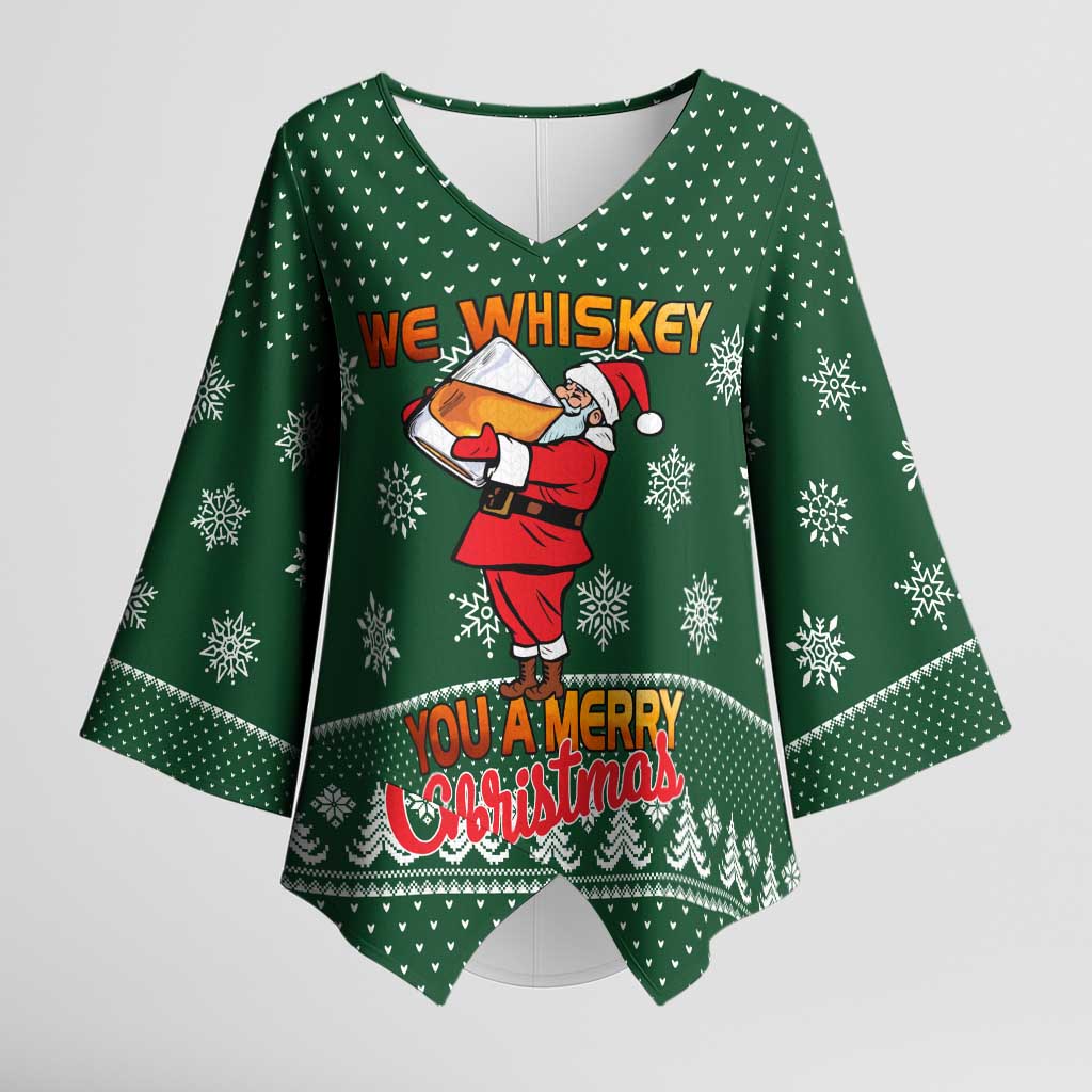 Funny Whiskey Christmas Kimono Sleeve Blouse with Santa Holding Mug and We Whiskey You a Merry Christmas Quote - Wonder Print Shop