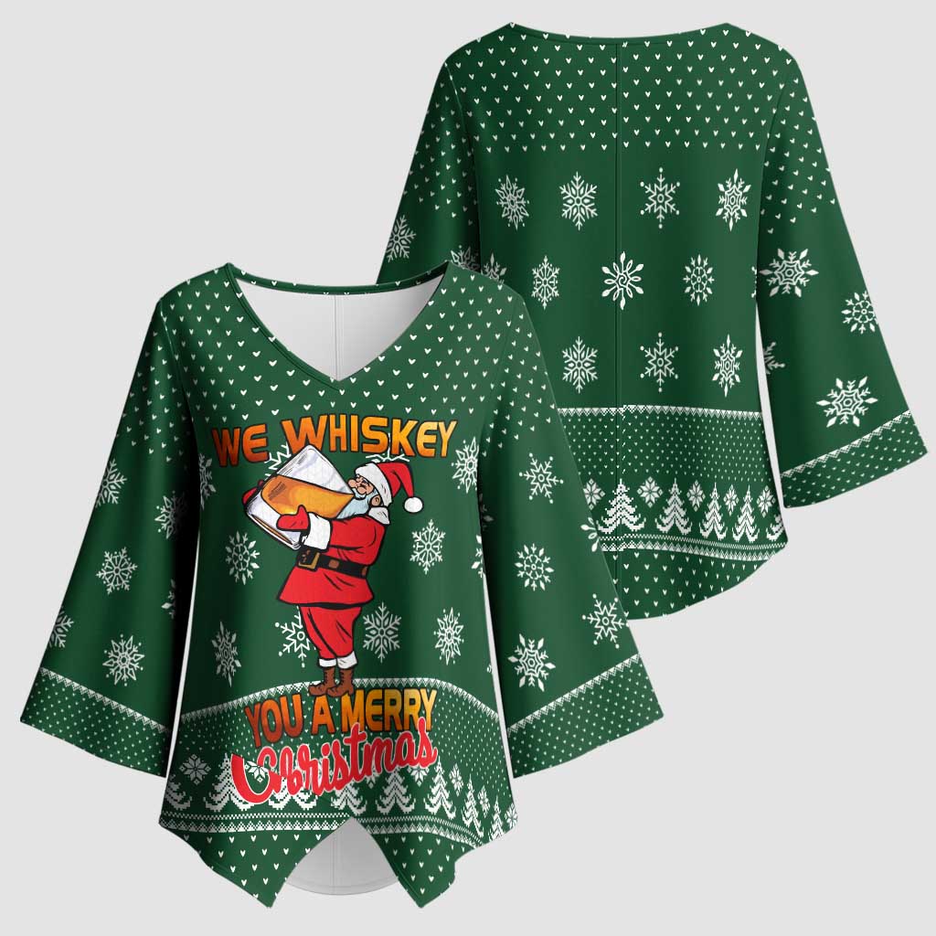 Funny Whiskey Christmas Kimono Sleeve Blouse with Santa Holding Mug and We Whiskey You a Merry Christmas Quote - Wonder Print Shop