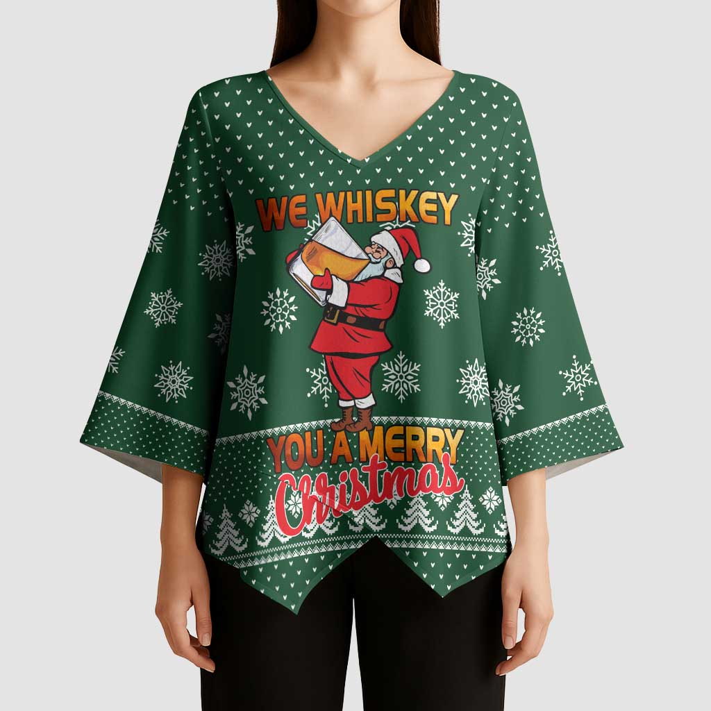 Funny Whiskey Christmas Kimono Sleeve Blouse with Santa Holding Mug and We Whiskey You a Merry Christmas Quote - Wonder Print Shop