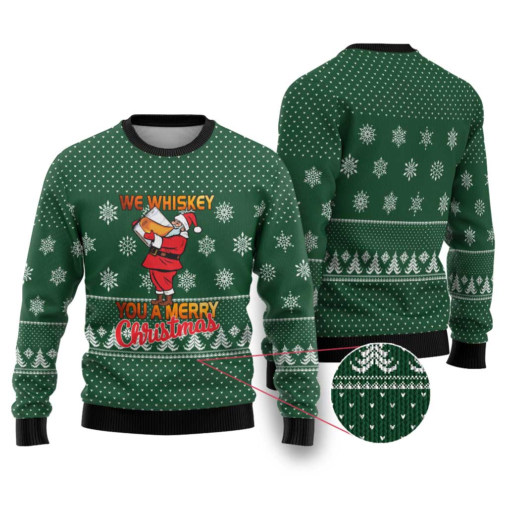Funny Whiskey Christmas Ugly Christmas Sweater with Santa Holding Mug and We Whiskey You a Merry Christmas Quote - Wonder Print Shop