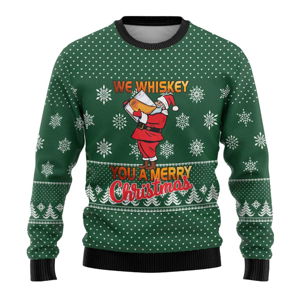 Funny Whiskey Christmas Ugly Christmas Sweater with Santa Holding Mug and We Whiskey You a Merry Christmas Quote - Wonder Print Shop