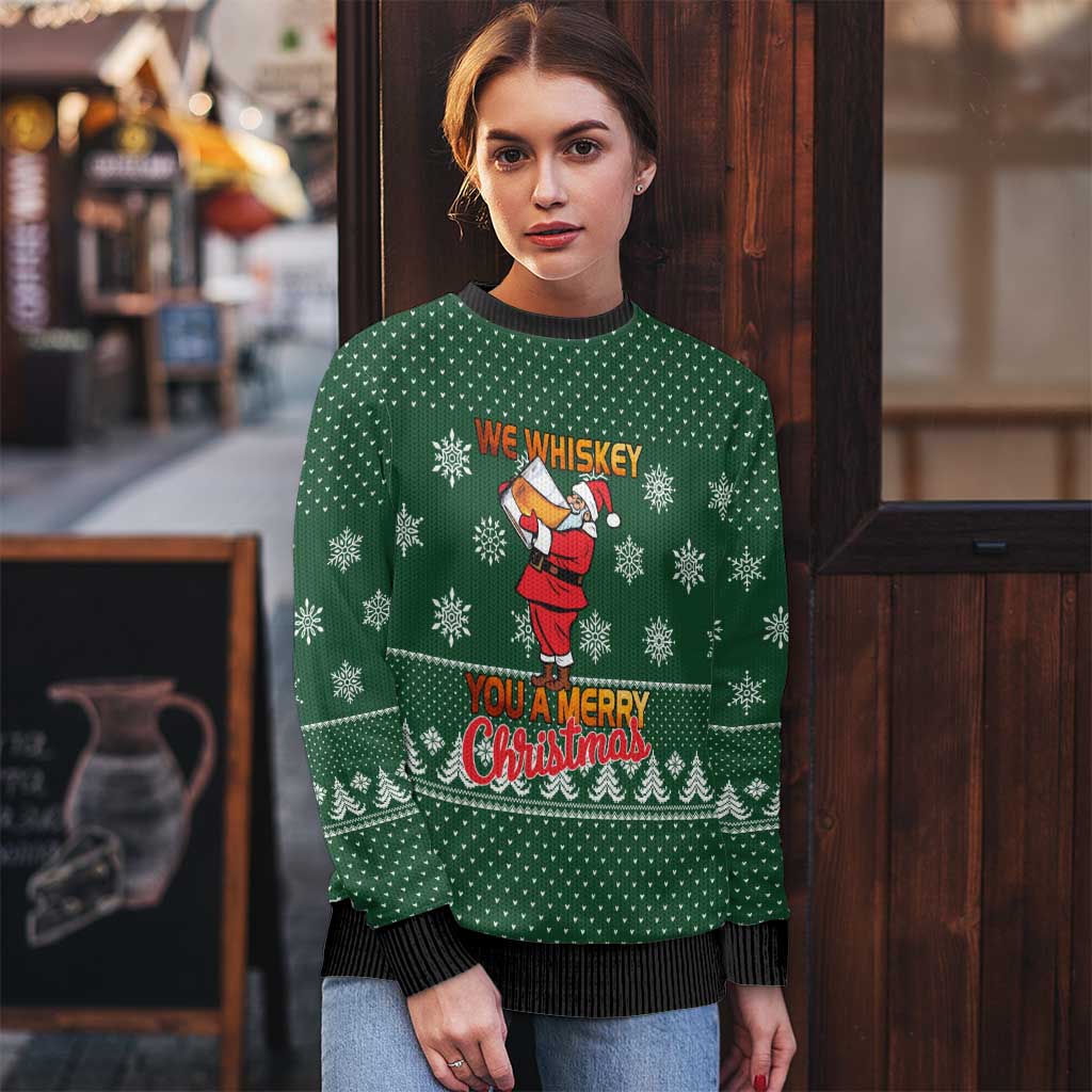 Funny Whiskey Christmas Ugly Christmas Sweater with Santa Holding Mug and We Whiskey You a Merry Christmas Quote - Wonder Print Shop