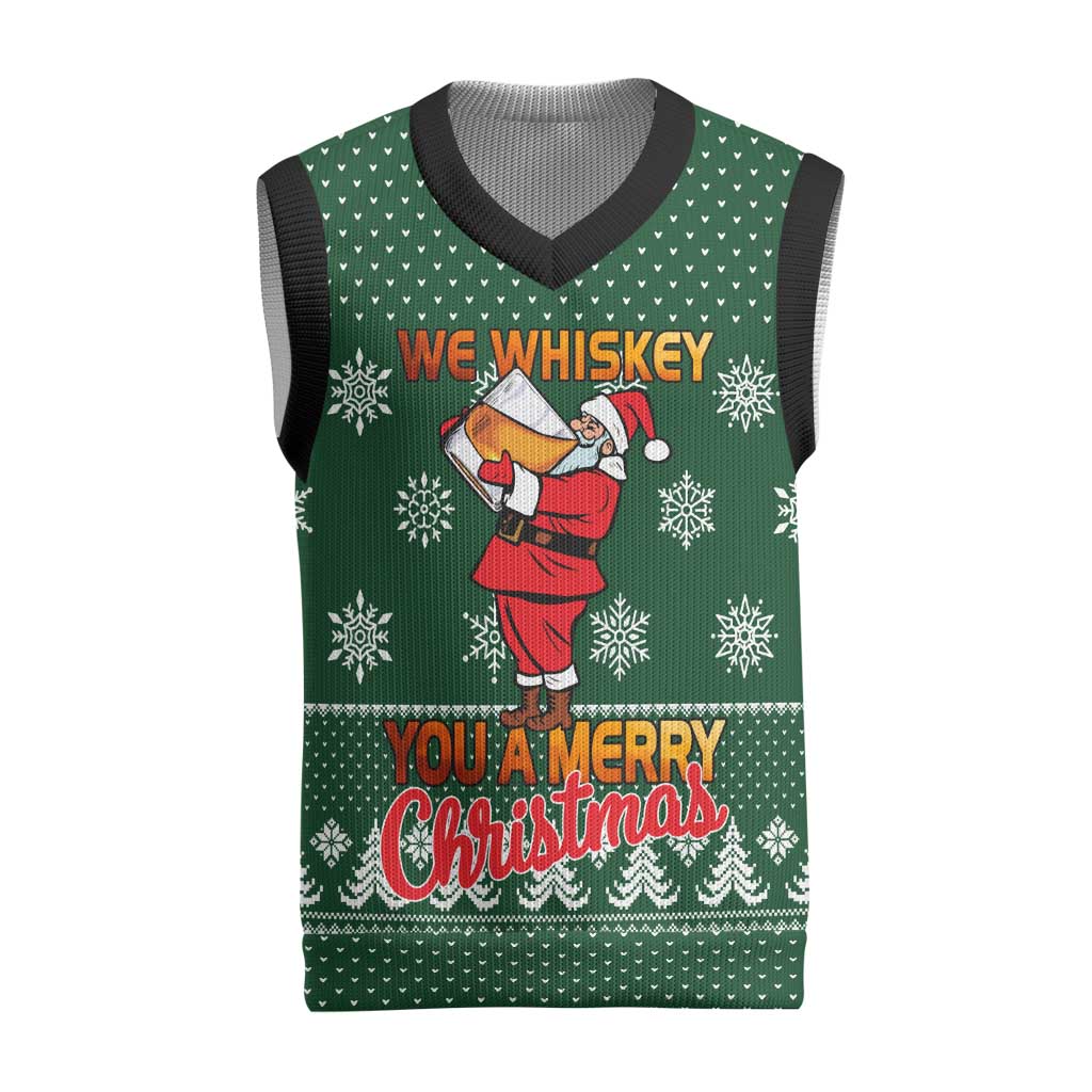 Funny Whiskey Christmas Knitted V-Neck Vest with Santa Holding Mug and We Whiskey You a Merry Christmas Quote - Wonder Print Shop