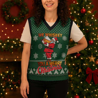 Funny Whiskey Christmas Knitted V-Neck Vest with Santa Holding Mug and We Whiskey You a Merry Christmas Quote - Wonder Print Shop
