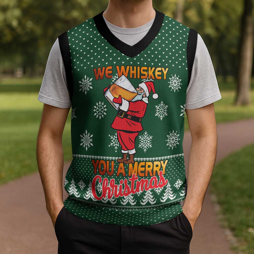 Funny Whiskey Christmas Knitted V-Neck Vest with Santa Holding Mug and We Whiskey You a Merry Christmas Quote - Wonder Print Shop