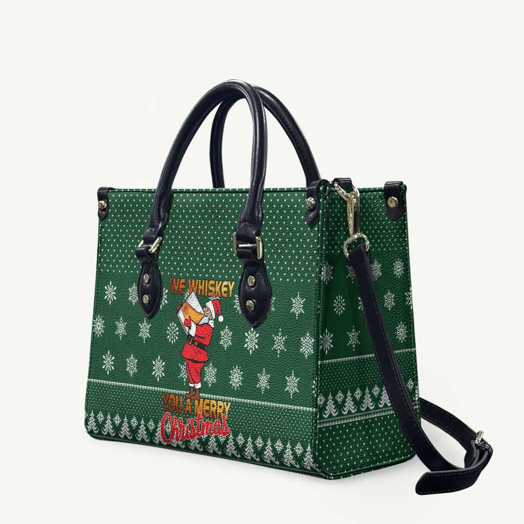 Funny Whiskey Christmas Leather Bag with Santa Holding Mug and We Whiskey You a Merry Christmas Quote - Wonder Print Shop