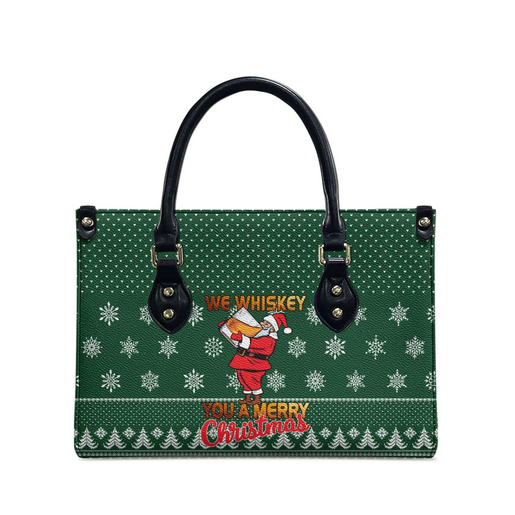 Funny Whiskey Christmas Leather Bag with Santa Holding Mug and We Whiskey You a Merry Christmas Quote - Wonder Print Shop