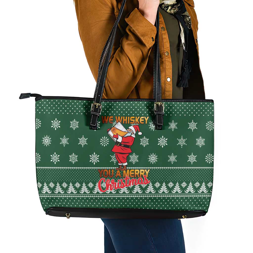 Funny Whiskey Christmas Leather Tote Bag with Santa Holding Mug and We Whiskey You a Merry Christmas Quote - Wonder Print Shop