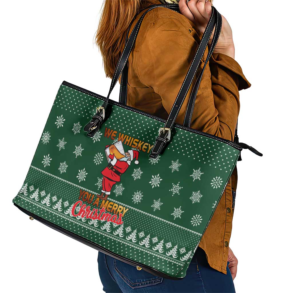 Funny Whiskey Christmas Leather Tote Bag with Santa Holding Mug and We Whiskey You a Merry Christmas Quote - Wonder Print Shop