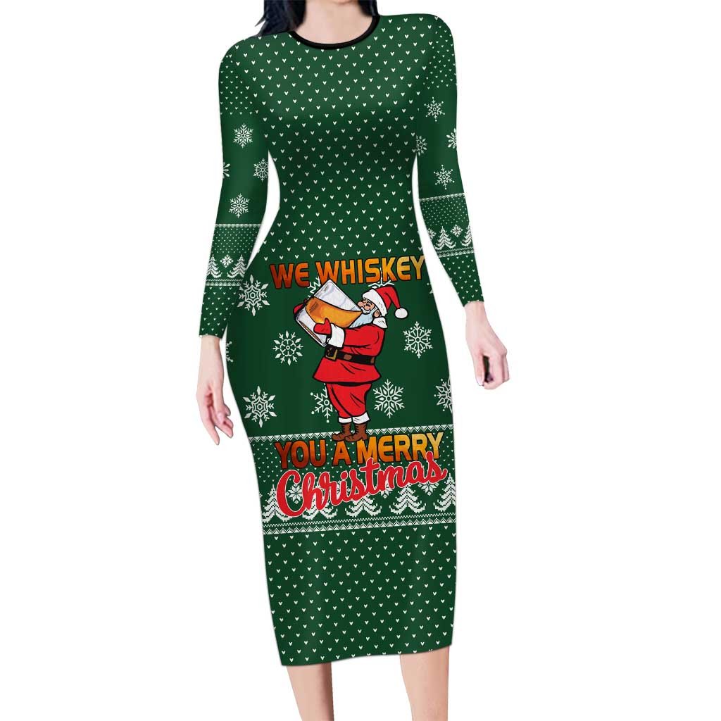 Funny Whiskey Christmas Long Sleeve Bodycon Dress with Santa Holding Mug and We Whiskey You a Merry Christmas Quote - Wonder Print Shop