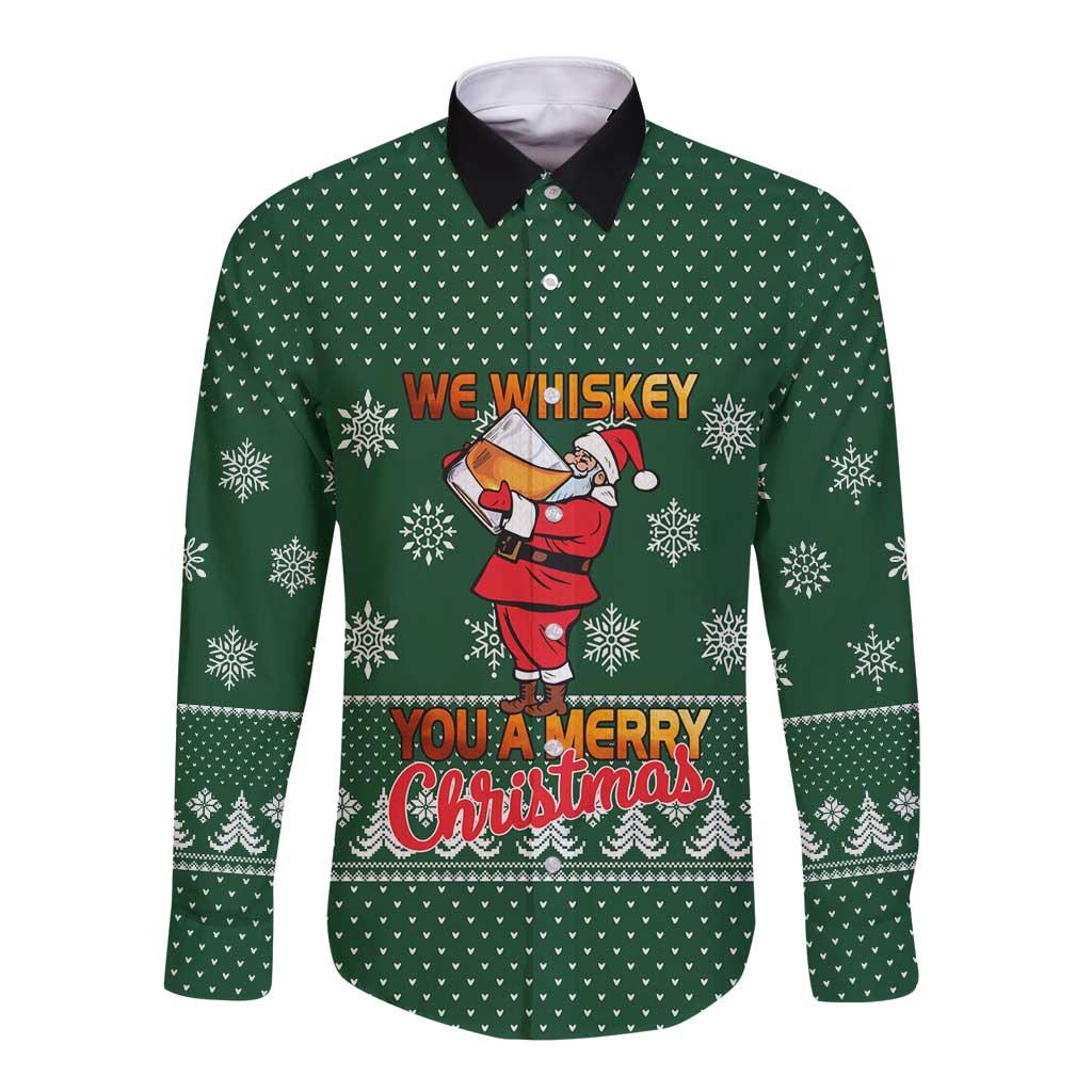 Funny Whiskey Christmas Long Sleeve Button Shirt with Santa Holding Mug and We Whiskey You a Merry Christmas Quote - Wonder Print Shop