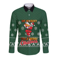 Funny Whiskey Christmas Long Sleeve Button Shirt with Santa Holding Mug and We Whiskey You a Merry Christmas Quote - Wonder Print Shop