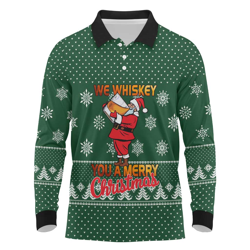 Funny Whiskey Christmas Long Sleeve Polo Shirt with Santa Holding Mug and We Whiskey You a Merry Christmas Quote - Wonder Print Shop
