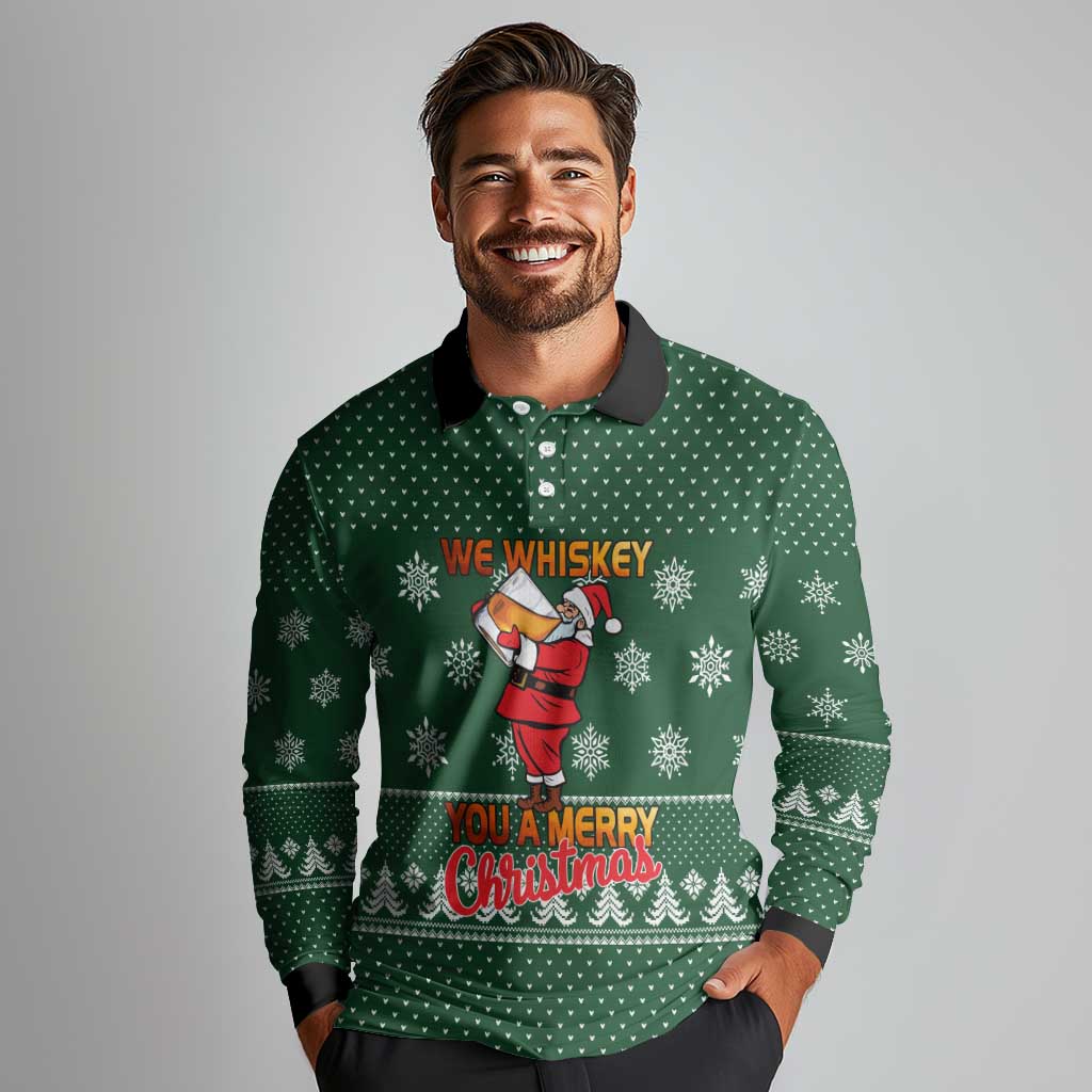 Funny Whiskey Christmas Long Sleeve Polo Shirt with Santa Holding Mug and We Whiskey You a Merry Christmas Quote - Wonder Print Shop