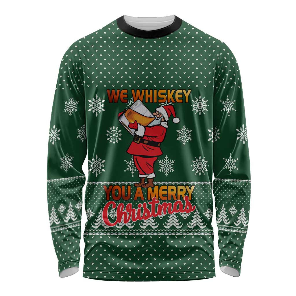 Funny Whiskey Christmas Long Sleeve Shirt with Santa Holding Mug and We Whiskey You a Merry Christmas Quote - Wonder Print Shop