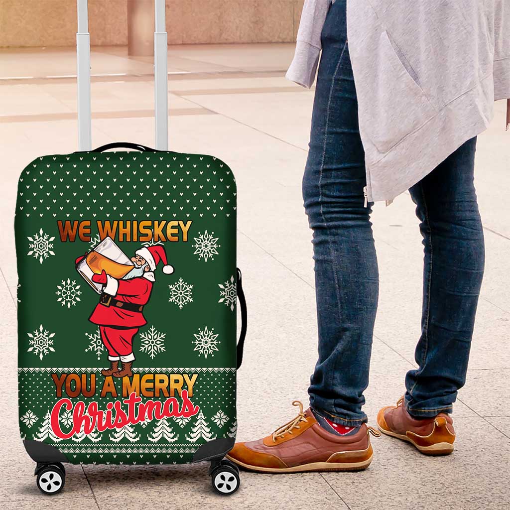 Funny Whiskey Christmas Luggage Cover with Santa Holding Mug and We Whiskey You a Merry Christmas Quote - Wonder Print Shop