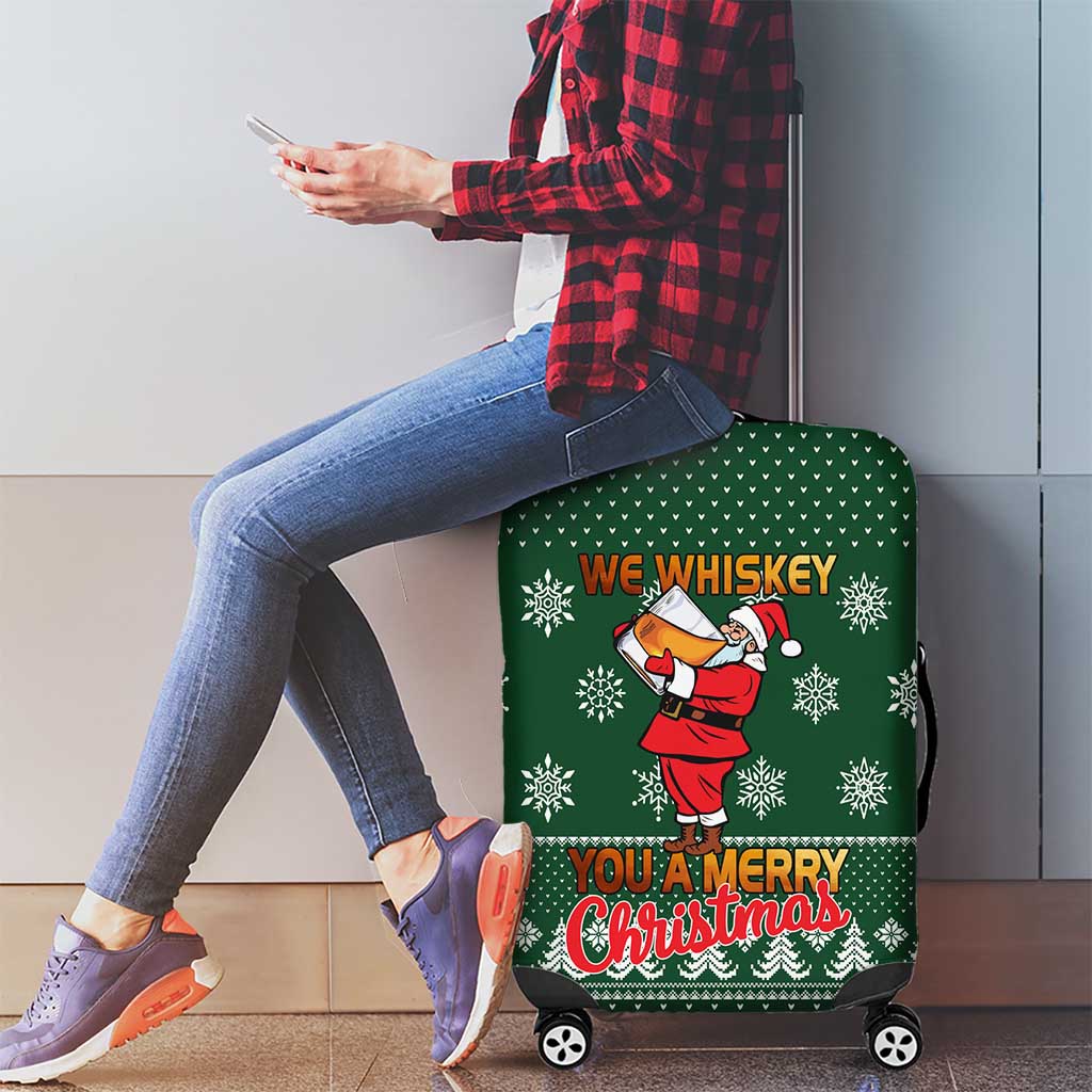 Funny Whiskey Christmas Luggage Cover with Santa Holding Mug and We Whiskey You a Merry Christmas Quote - Wonder Print Shop