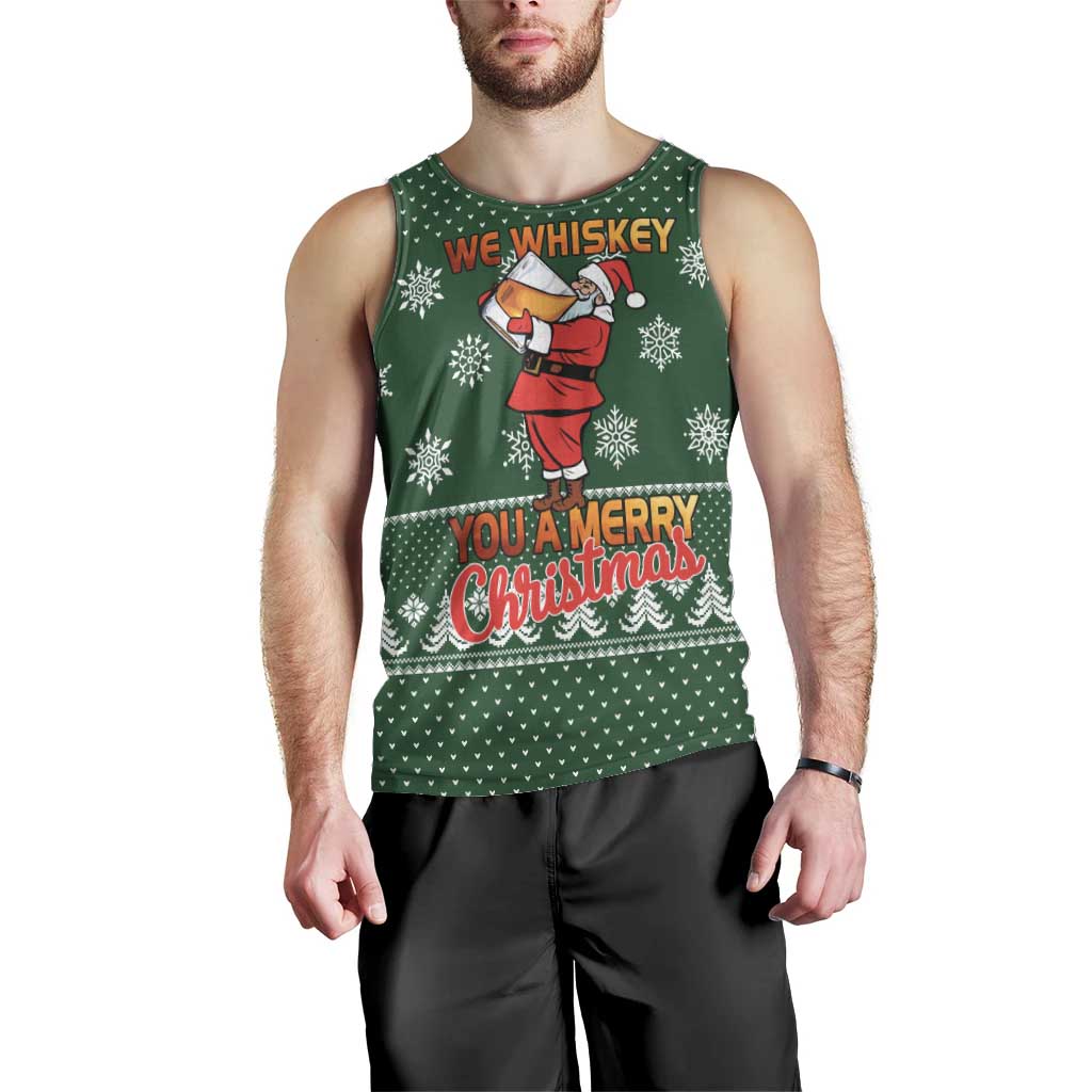 Funny Whiskey Christmas Men Tank Top with Santa Holding Mug and We Whiskey You a Merry Christmas Quote - Wonder Print Shop