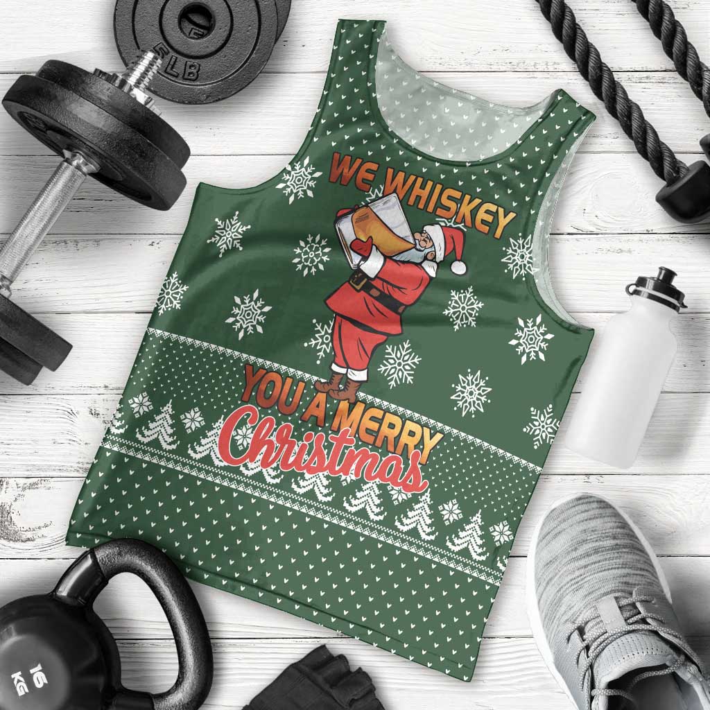 Funny Whiskey Christmas Men Tank Top with Santa Holding Mug and We Whiskey You a Merry Christmas Quote - Wonder Print Shop