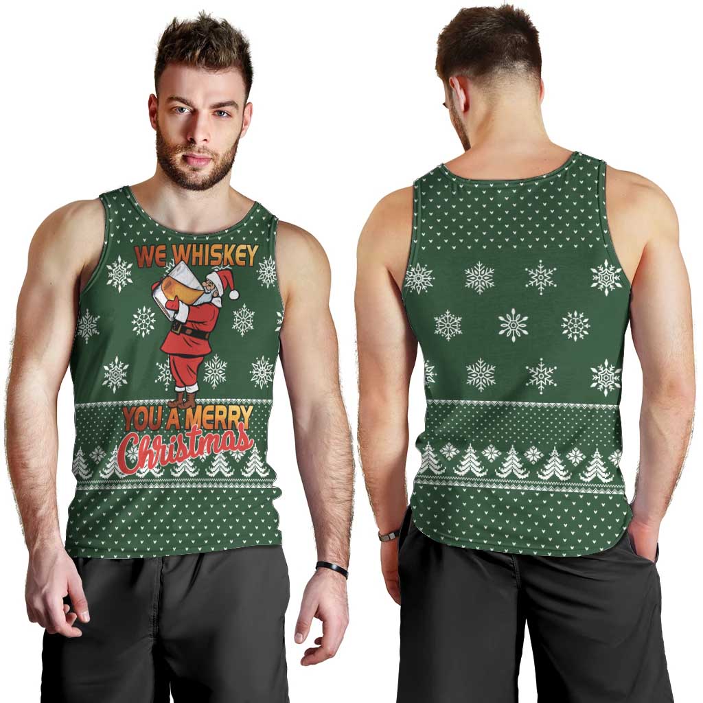 Funny Whiskey Christmas Men Tank Top with Santa Holding Mug and We Whiskey You a Merry Christmas Quote - Wonder Print Shop