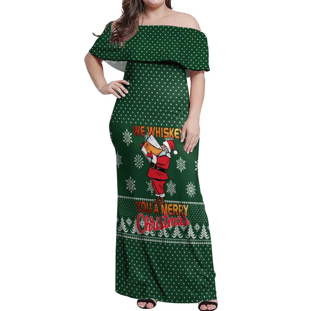 Funny Whiskey Christmas Off Shoulder Maxi Dress with Santa Holding Mug and We Whiskey You a Merry Christmas Quote - Wonder Print Shop