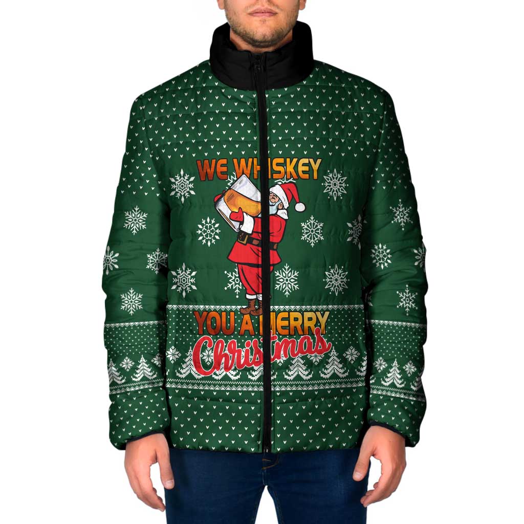 Funny Whiskey Christmas Padded Jacket with Santa Holding Mug and We Whiskey You a Merry Christmas Quote - Wonder Print Shop