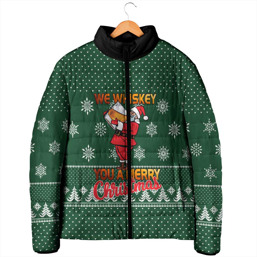 Funny Whiskey Christmas Padded Jacket with Santa Holding Mug and We Whiskey You a Merry Christmas Quote - Wonder Print Shop