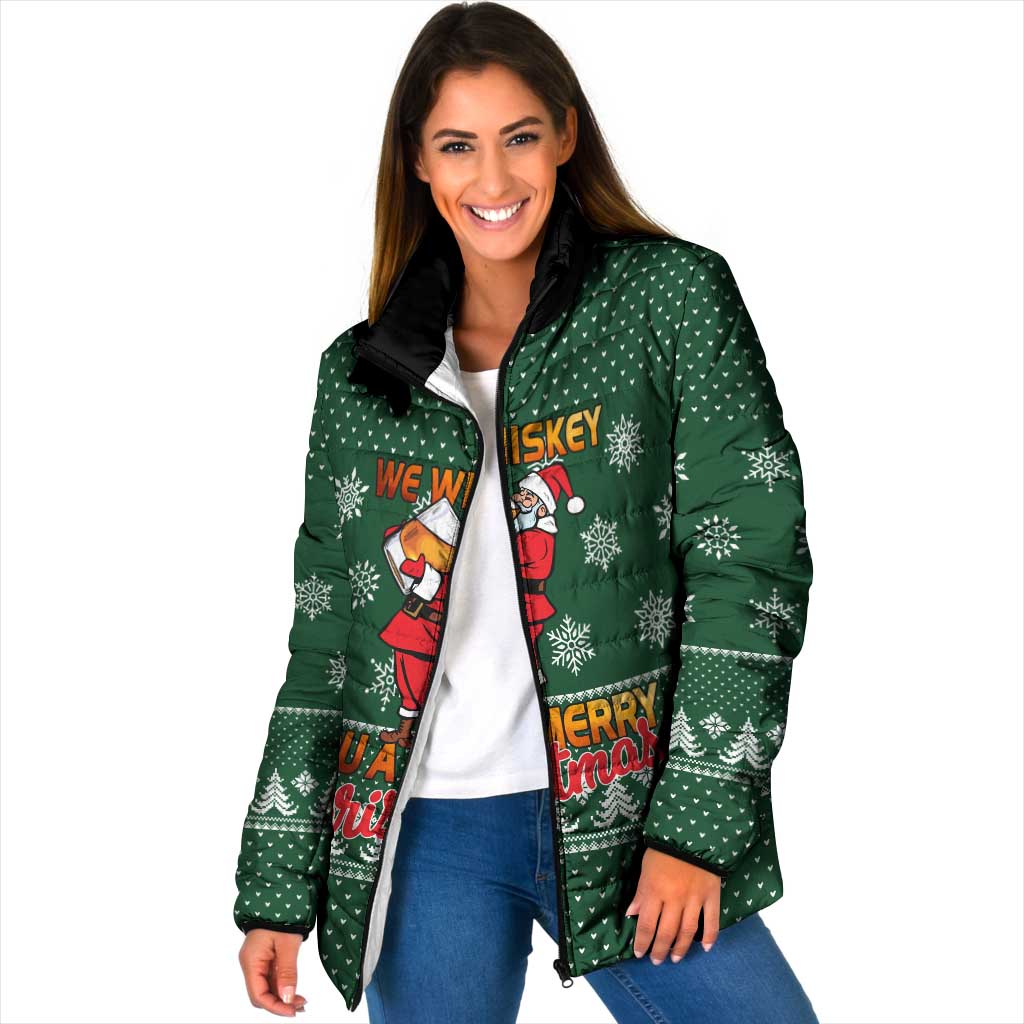 Funny Whiskey Christmas Padded Jacket with Santa Holding Mug and We Whiskey You a Merry Christmas Quote - Wonder Print Shop