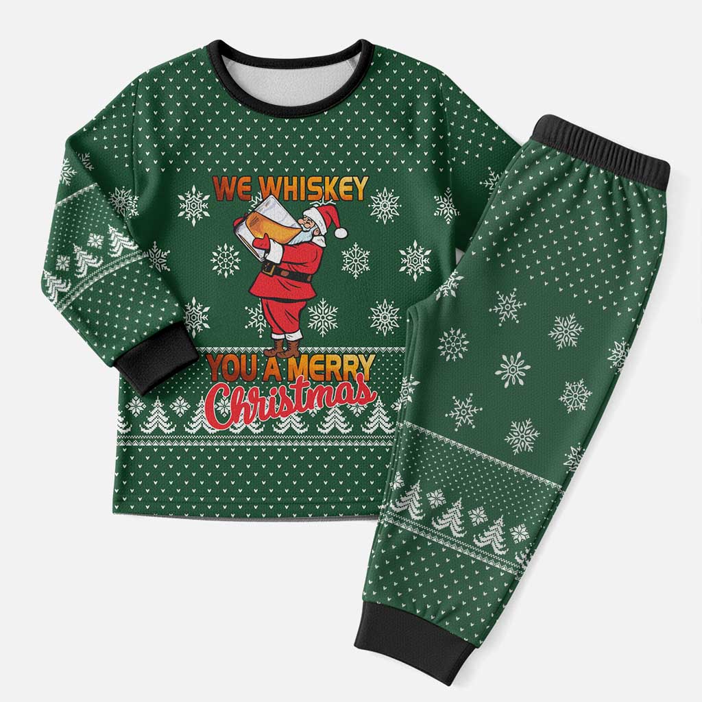 Funny Whiskey Christmas Pajama Set with Santa Holding Mug and We Whiskey You a Merry Christmas Quote - Wonder Print Shop