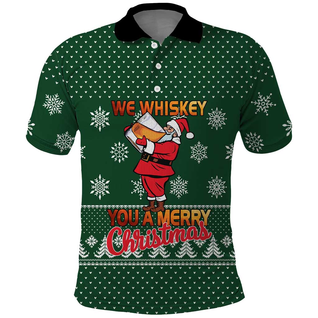 Funny Whiskey Christmas Polo Shirt with Santa Holding Mug and We Whiskey You a Merry Christmas Quote - Wonder Print Shop