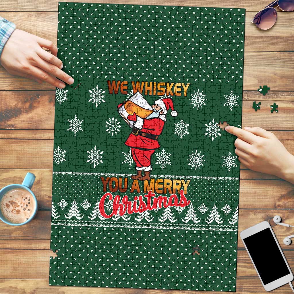 Funny Whiskey Christmas Puzzle with Santa Holding Mug and We Whiskey You a Merry Christmas Quote - Wonder Print Shop