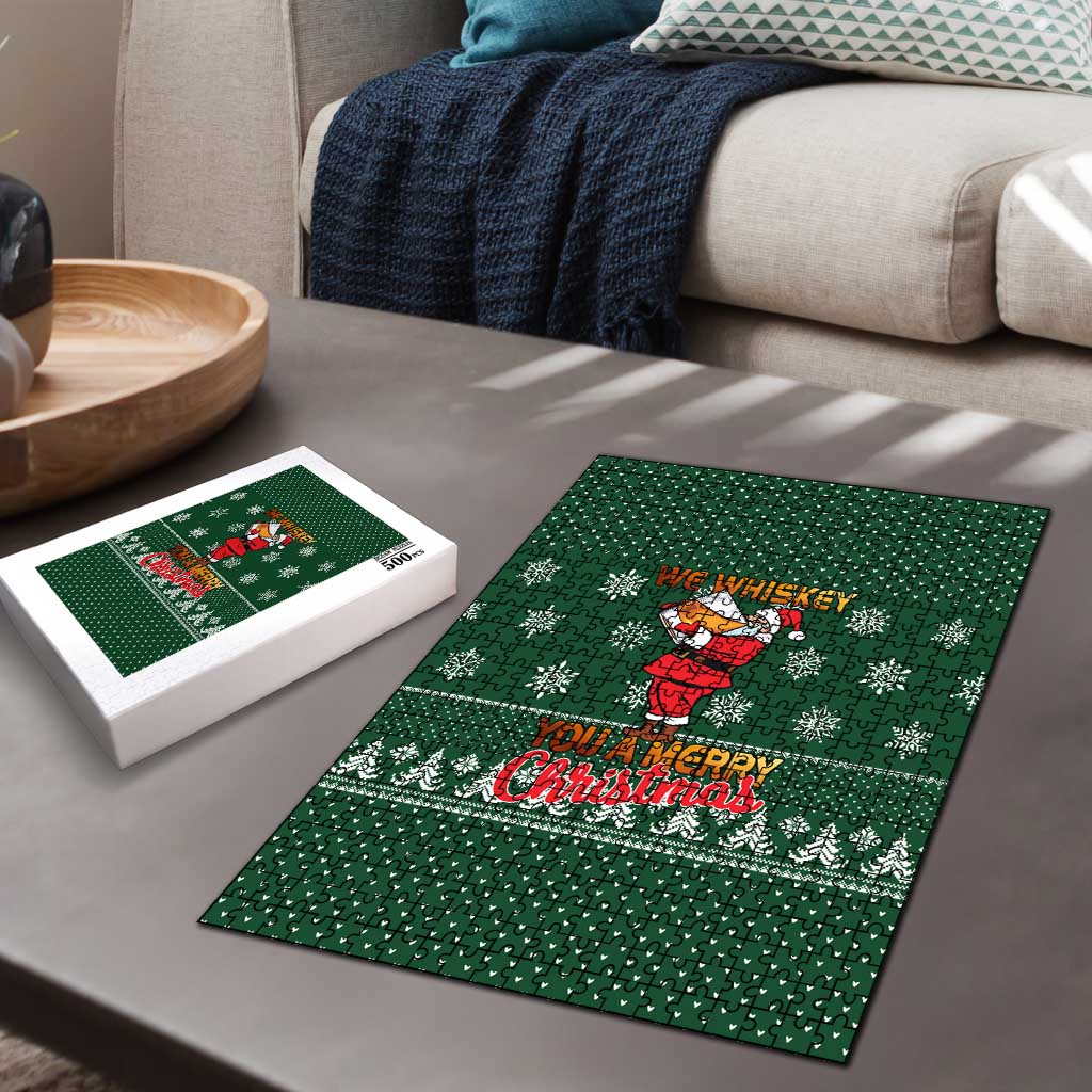Funny Whiskey Christmas Puzzle with Santa Holding Mug and We Whiskey You a Merry Christmas Quote - Wonder Print Shop
