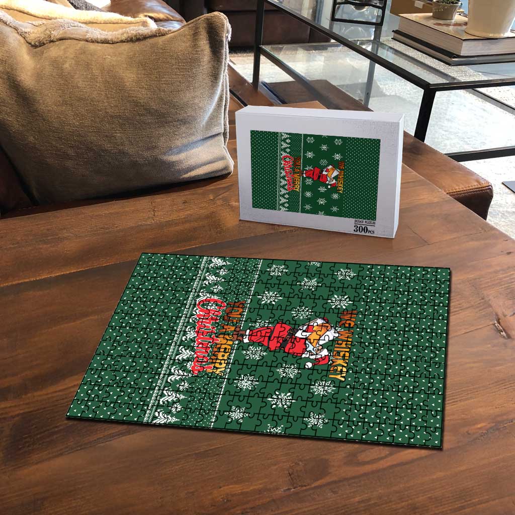 Funny Whiskey Christmas Puzzle with Santa Holding Mug and We Whiskey You a Merry Christmas Quote - Wonder Print Shop