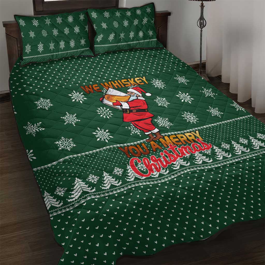 Funny Whiskey Christmas Quilt Bed Set with Santa Holding Mug and We Whiskey You a Merry Christmas Quote - Wonder Print Shop