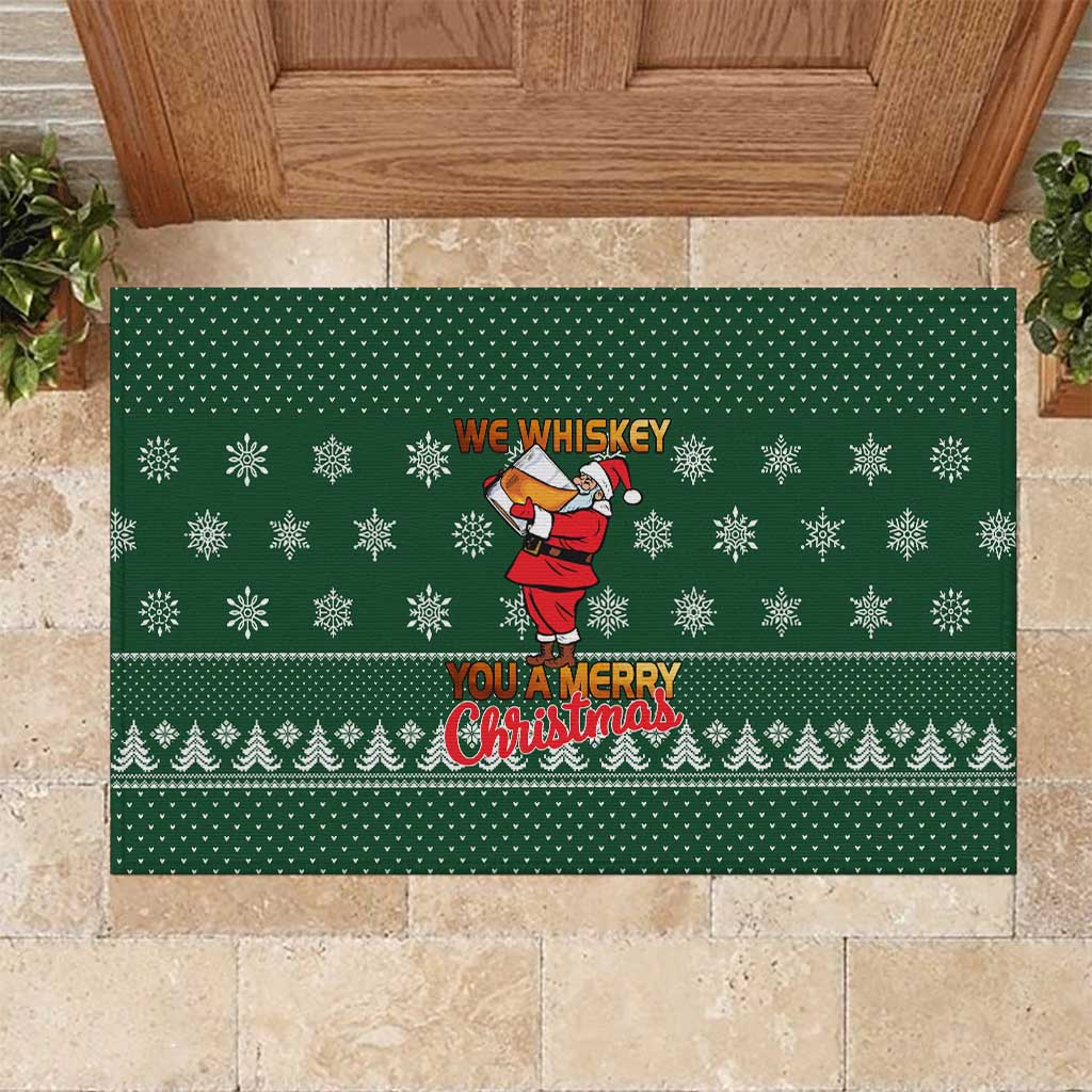 Funny Whiskey Christmas Rubber Doormat with Santa Holding Mug and We Whiskey You a Merry Christmas Quote - Wonder Print Shop