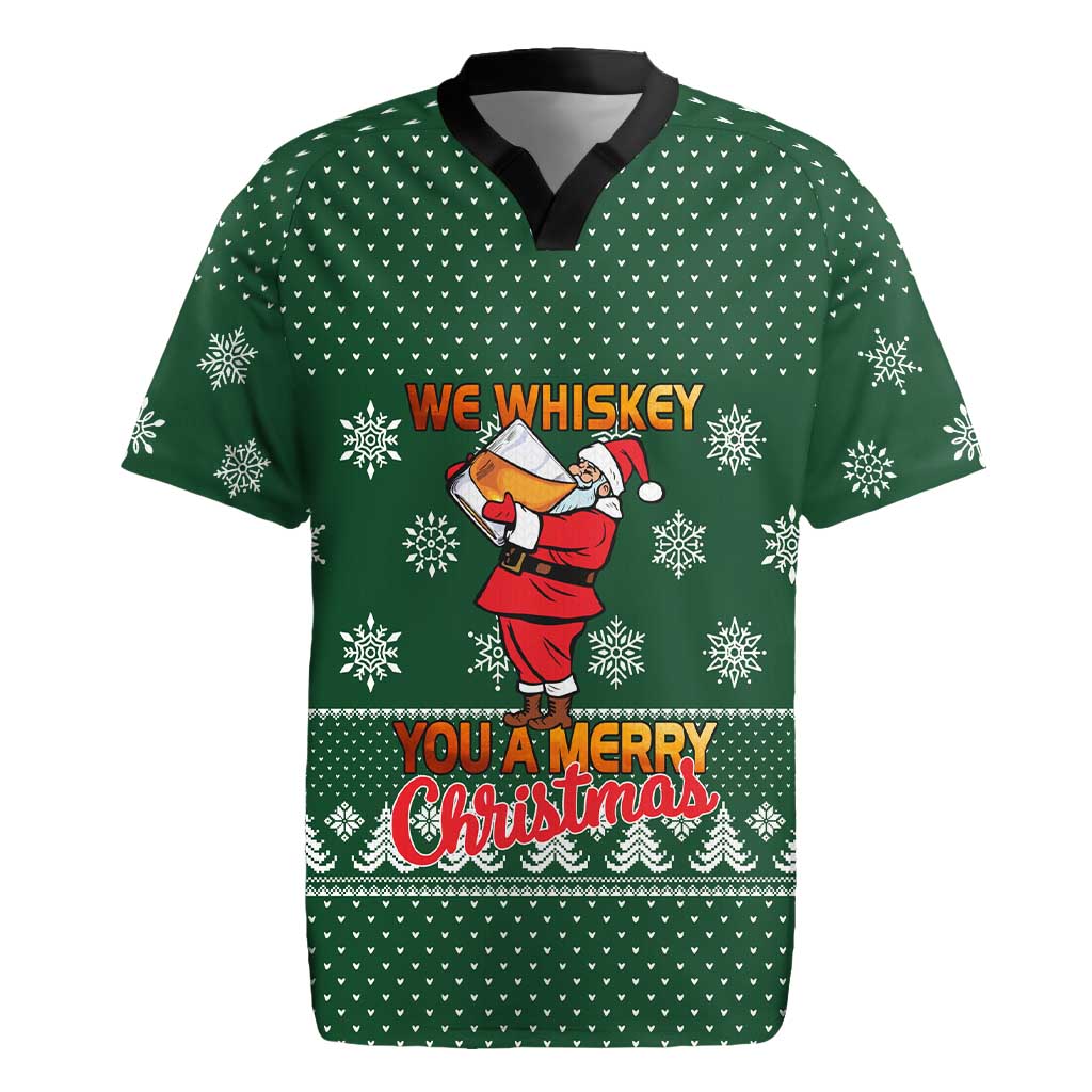 Funny Whiskey Christmas Rugby Jersey with Santa Holding Mug and We Whiskey You a Merry Christmas Quote - Wonder Print Shop