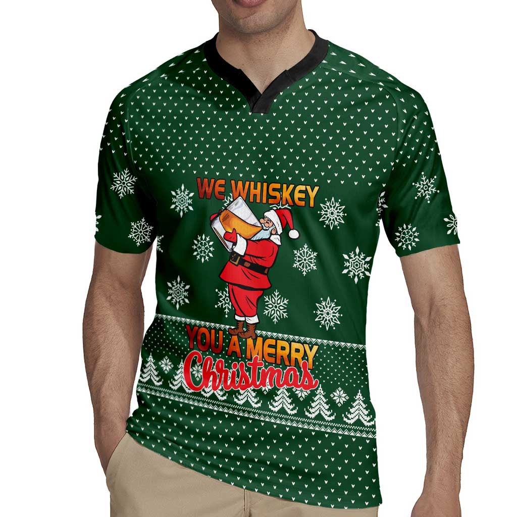 Funny Whiskey Christmas Rugby Jersey with Santa Holding Mug and We Whiskey You a Merry Christmas Quote - Wonder Print Shop