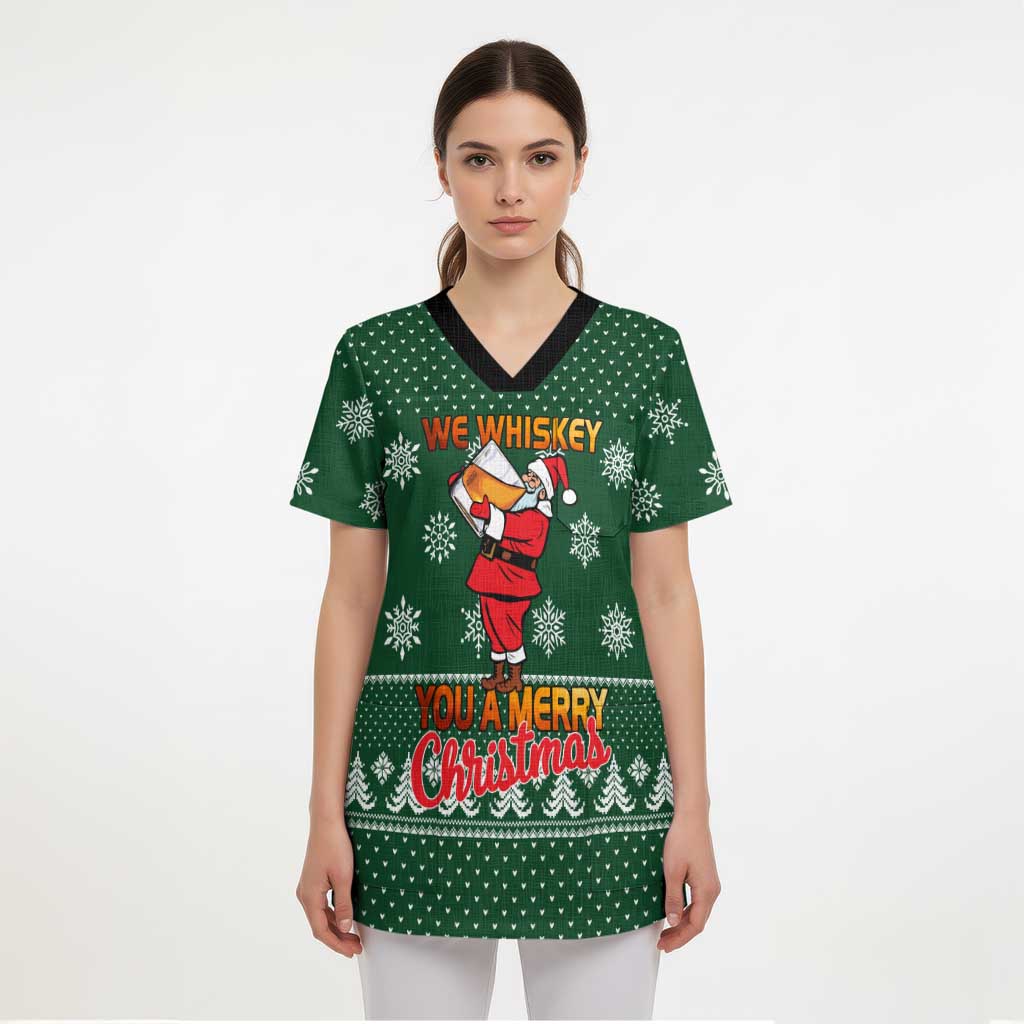 Funny Whiskey Christmas Scrub Top with Santa Holding Mug and We Whiskey You a Merry Christmas Quote - Wonder Print Shop