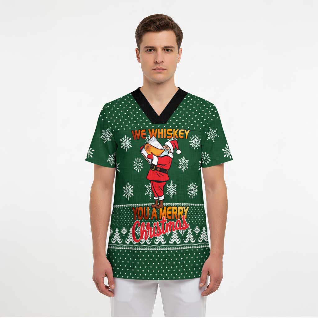 Funny Whiskey Christmas Scrub Top with Santa Holding Mug and We Whiskey You a Merry Christmas Quote - Wonder Print Shop