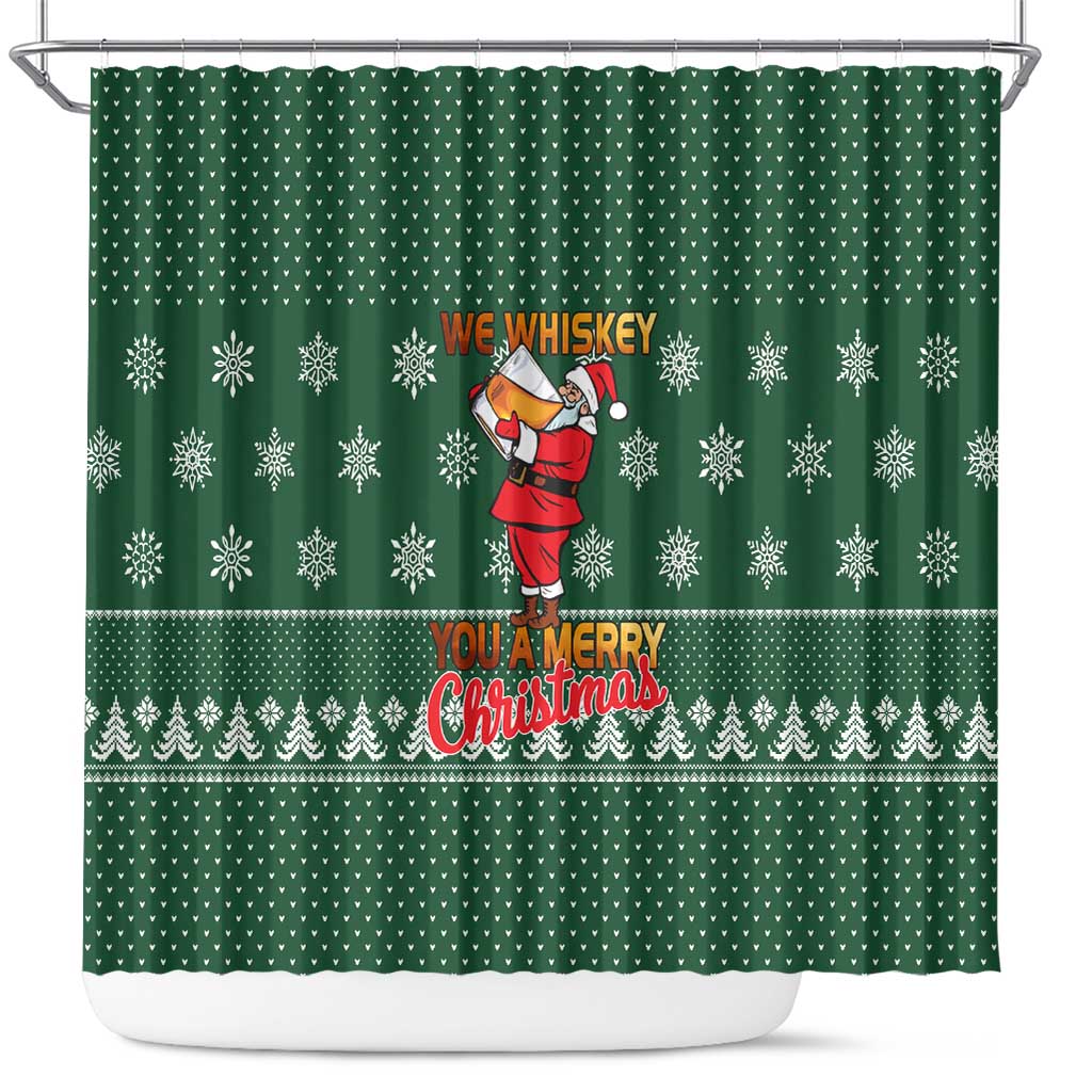 Funny Whiskey Christmas Shower Curtain with Santa Holding Mug and We Whiskey You a Merry Christmas Quote - Wonder Print Shop