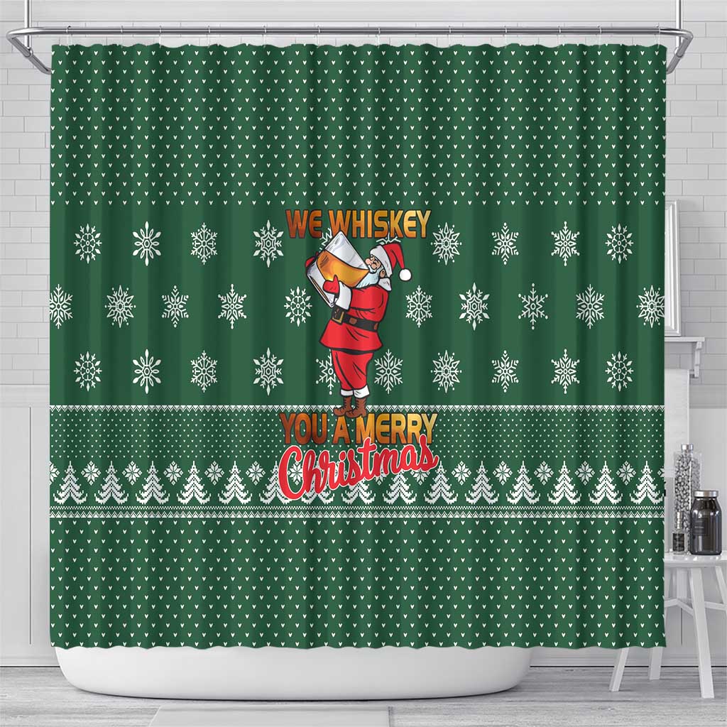 Funny Whiskey Christmas Shower Curtain with Santa Holding Mug and We Whiskey You a Merry Christmas Quote - Wonder Print Shop
