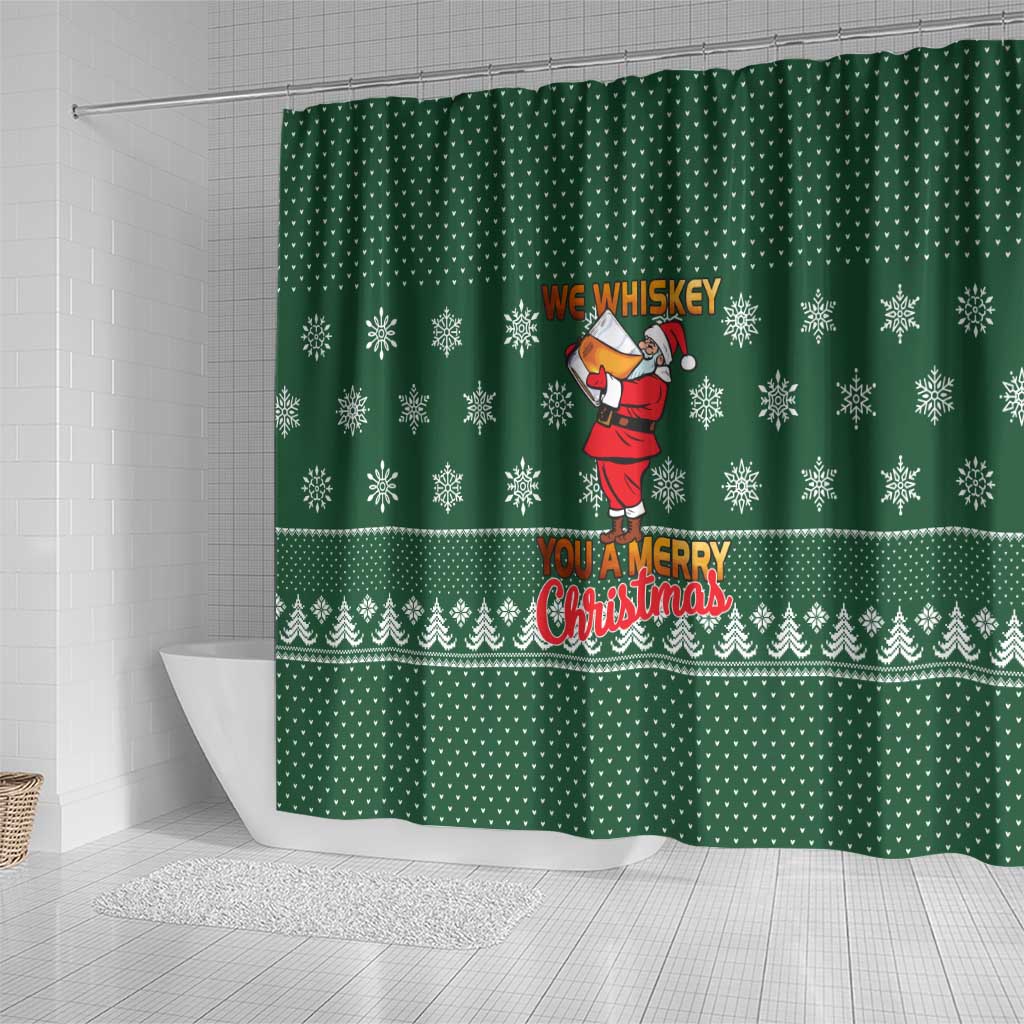 Funny Whiskey Christmas Shower Curtain with Santa Holding Mug and We Whiskey You a Merry Christmas Quote - Wonder Print Shop