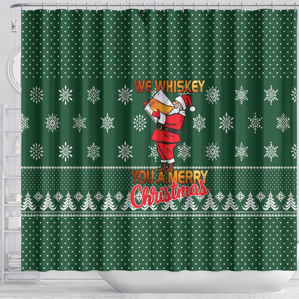 Funny Whiskey Christmas Shower Curtain with Santa Holding Mug and We Whiskey You a Merry Christmas Quote - Wonder Print Shop