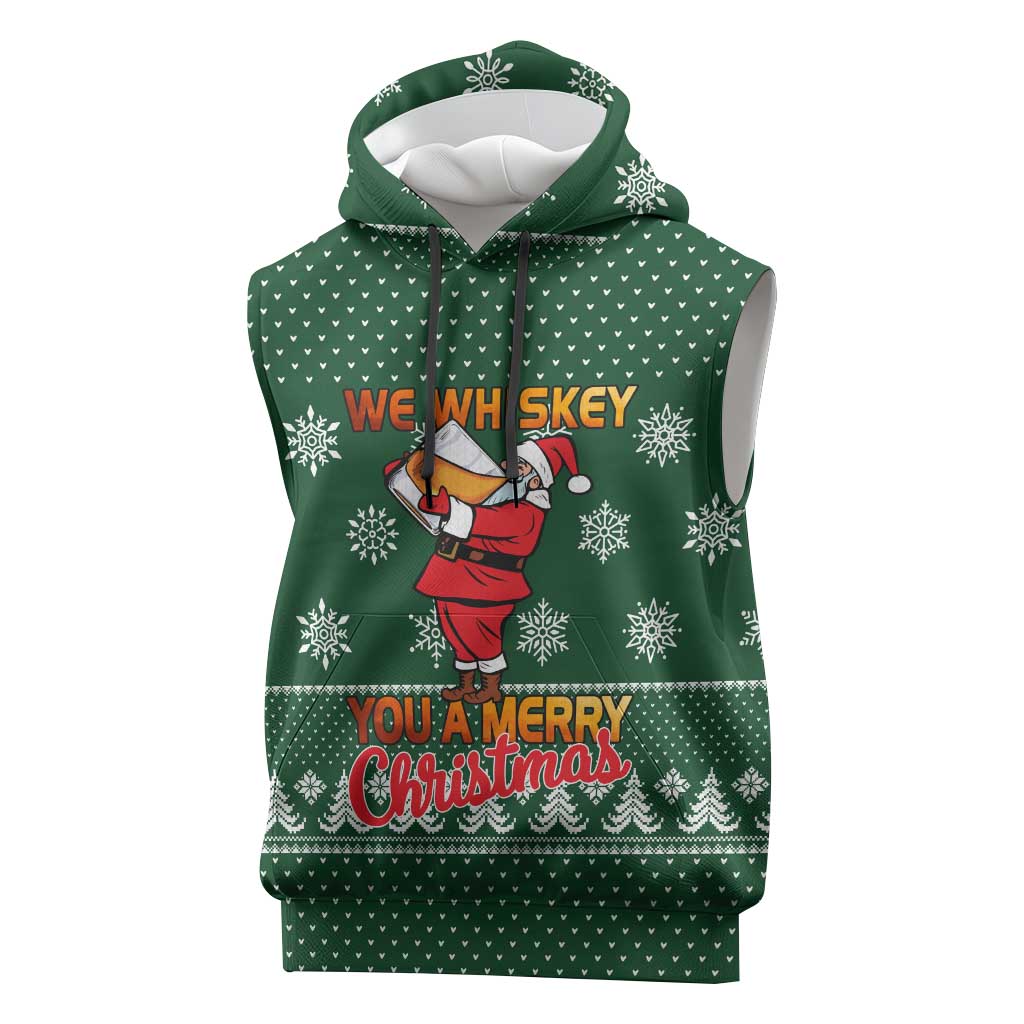 Funny Whiskey Christmas Sleeveless Hoodie with Santa Holding Mug and We Whiskey You a Merry Christmas Quote - Wonder Print Shop
